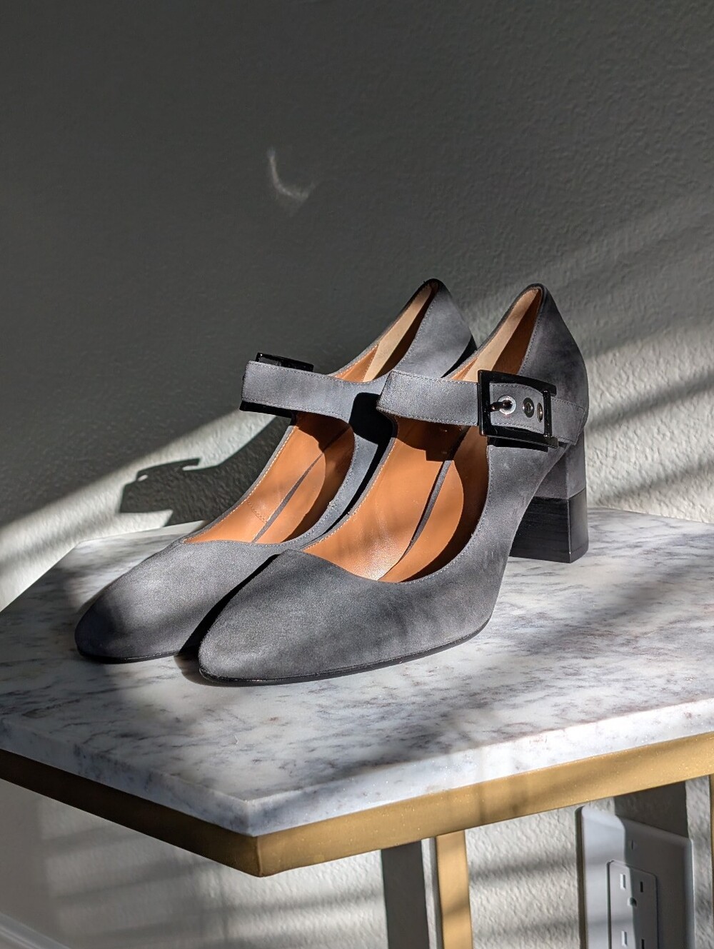 Gray Mary Jane Block Heel Pumps